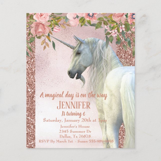 Child's Rose Gold Glitter Pretty Unicorn Floral  Flyer (Front)