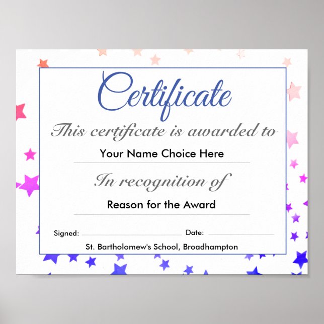 Child's School Certificate or Award Poster (Front)
