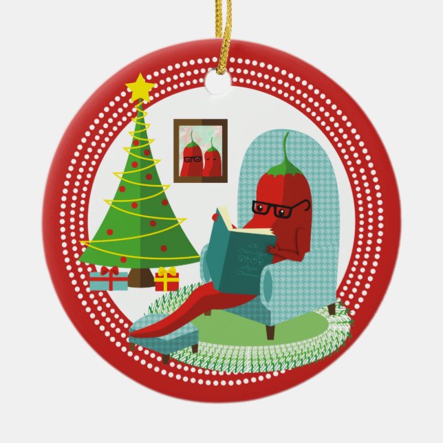 Chile chili pepper reading book Christmas ornament (Front)