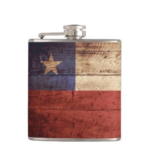 Chile Flag on Old Wood Grain Hip Flask