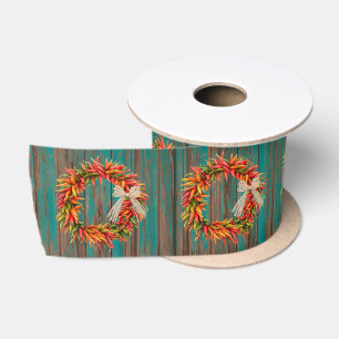 Chile Pepper Ristra Wreaths on Rustic Wood Pattern Satin Ribbon