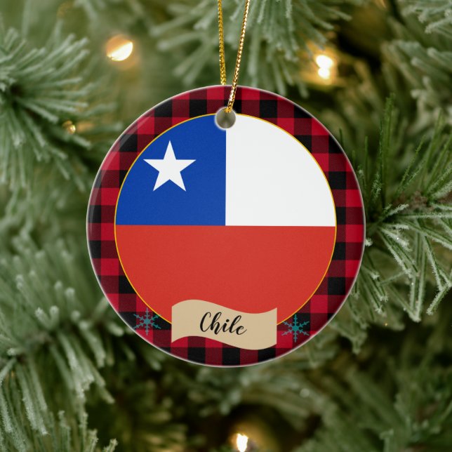 Chile, Red buffalo plaid & Chilean Flag Ceramic Ornament (Tree)