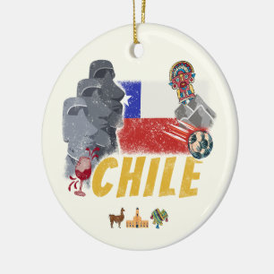 Chile Vintage Easter Island Flag and Alpaca Ceramic Ornament