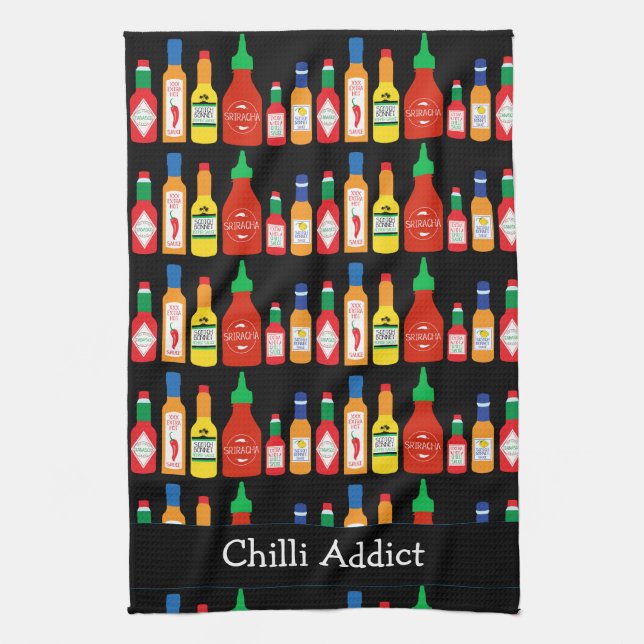 Chili Addict Chilli Bottles Patterned Kitchen Towel (Vertical)