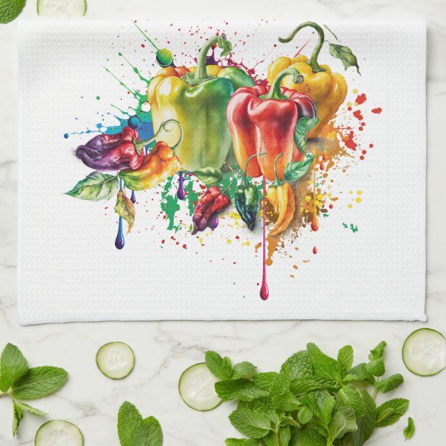 Chili & Bell Peppers Splatter Art Kitchen Towel (Folded)