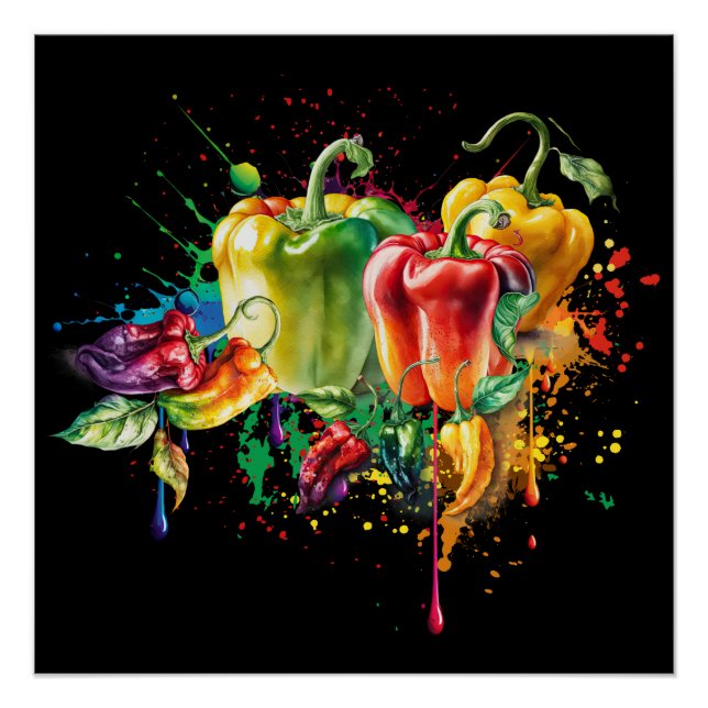 Chili & Bell Peppers Splatter Art Poster (Front)