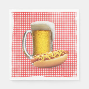 Chili Hot Dog and Beer On Gingham Napkin