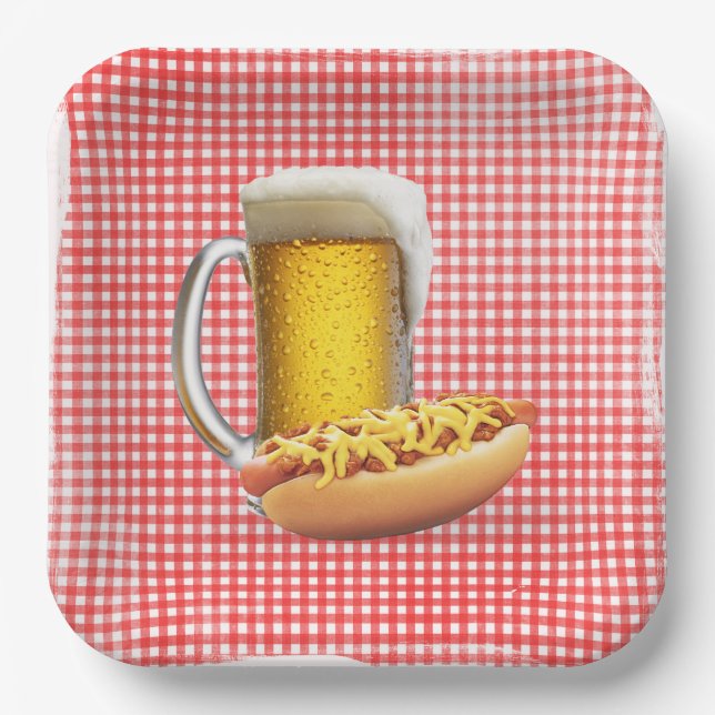 Chili Hot Dog and Beer On Gingham Paper Plate (Front)