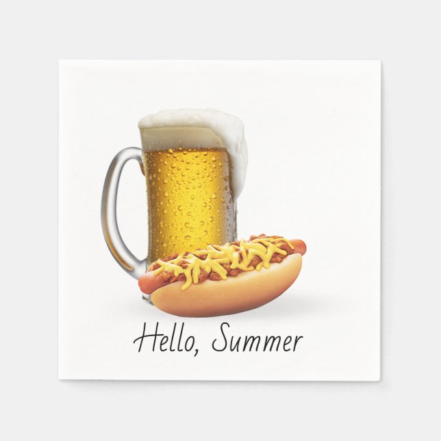 Chili Hot Dog and Beer On White Napkin (Front)