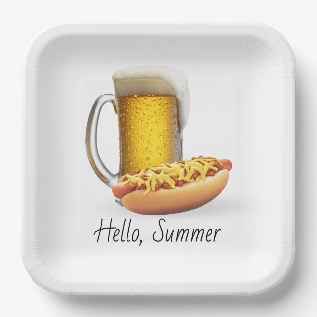 Chili Hot Dog and Beer On White Paper Plate (Front)