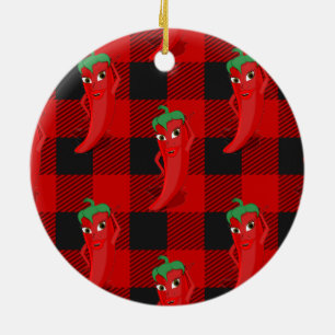Chili Pepper Buffalo Plaid Pattern Black and Red  Ceramic Ornament