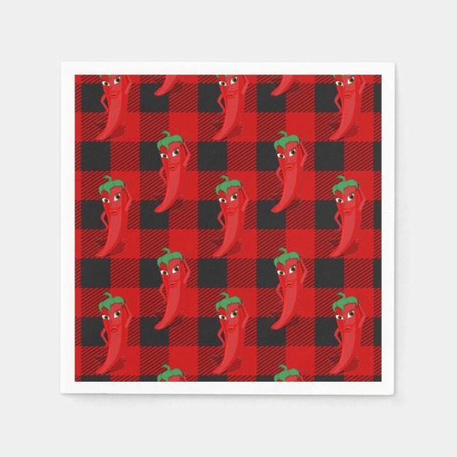 Chili Pepper Buffalo Plaid Pattern Black and Red  Napkin (Front)