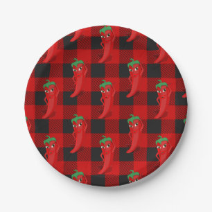 Chili Pepper Buffalo Plaid Pattern Black and Red Paper Plate