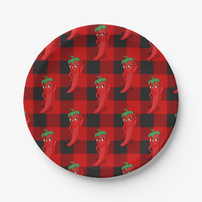 Chili Pepper Buffalo Plaid Pattern Black and Red  Paper Plate (Front)