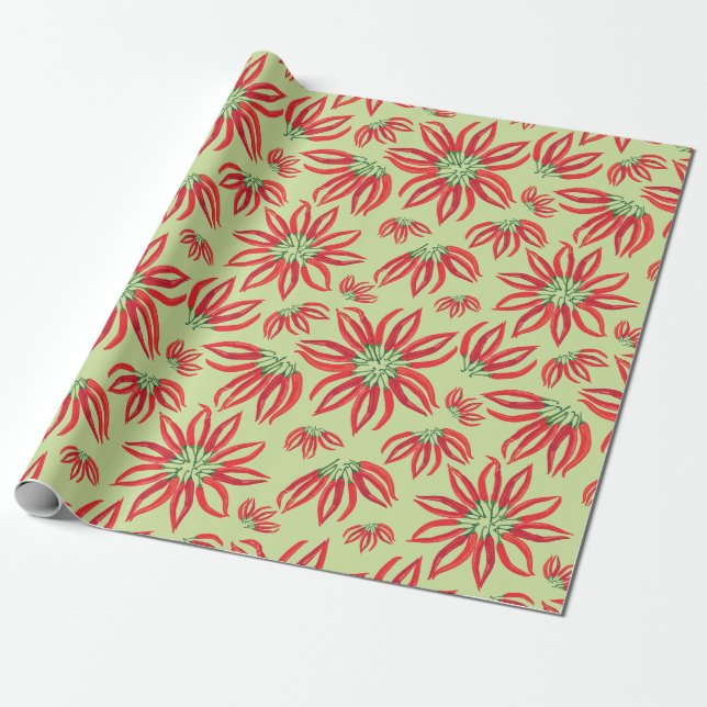 Chili Pepper Christmas Poinsettia Wrapping Paper (Unrolled)