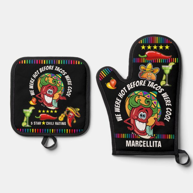 CHILI PEPPER HUMOR  OVEN MITT & POT HOLDER SET (Front)