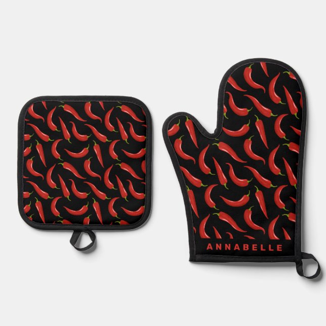 Chili Pepper Personalize Apron Oven Mitt & Pot Holder Set (Front)