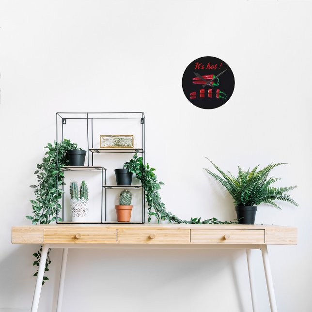 Chili pepper red and black with customizable text round clock (Creator Uploaded)