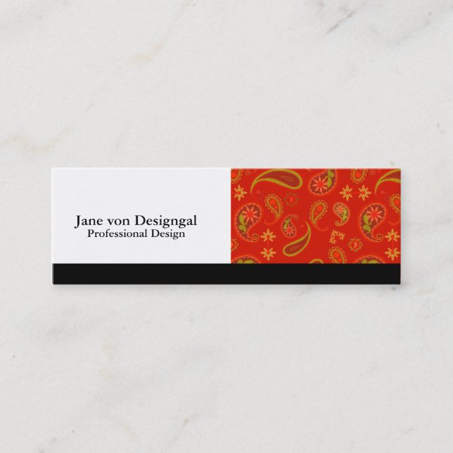 Chili Pepper Red and Lime Green Paisley Pattern Mini Business Card (Front)