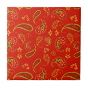Chili Pepper Red and Lime Green Paisley Pattern Tile