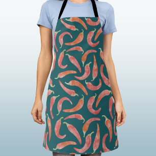 Chili Pepper Red Teal Green Watercolor Art Apron