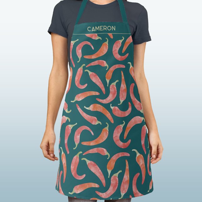 Chili Pepper Red Teal Watercolor Personalized Apron (Personalized custom name red chili pepper watercolor food art apron for chef cook kitchen restaurant)