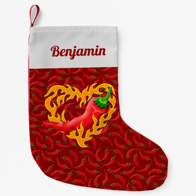 Chili Pepper with Flame Heart on Red Background Small Christmas Stocking (Front)