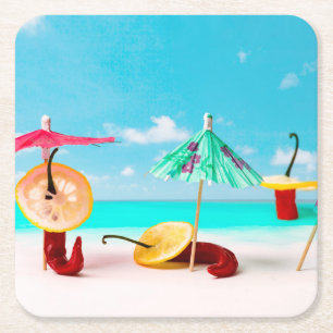 Chili Peppers By The Sea Square Paper Coaster