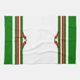 Chili Peppers & Red, Green, and White Stripes Kitchen Towel