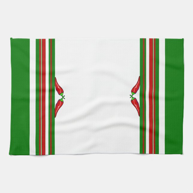 Chili Peppers & Red, Green, and White Stripes Kitchen Towel (Horizontal)