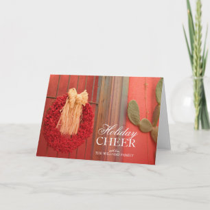 Chili Ristra Red Wreath with rustic beige bow Holiday Card