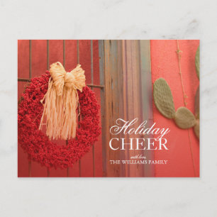 Chili Ristra Red Wreath with rustic beige bow Holiday Postcard
