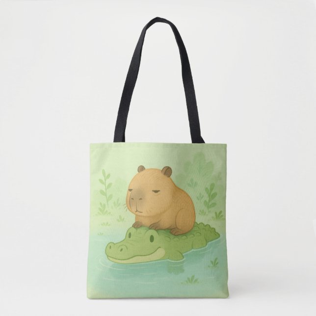 Chill Brown Capybara on Green Crocodile in nature Tote Bag (Front)