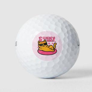 Chill cat cartoon on floatie in sunshine mood golf balls