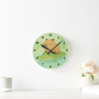 Chill & Cute: Capybara & Crocodile meme for home Round Clock