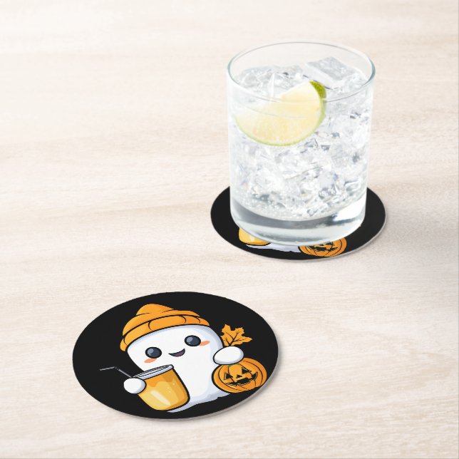 Chill Ghost Warm Coffee Cozy Fall Round Paper Coaster (Insitu)