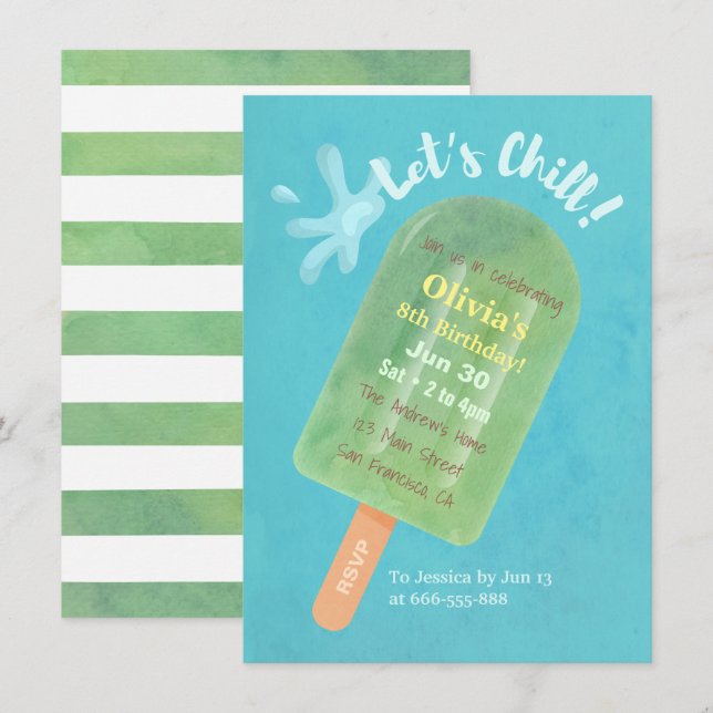 Chill Green Popsicle Cool Summer Birthday Party Invitation (Front/Back)