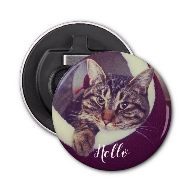 Chill Grey Tabby Cat Says Hello Custom Photo Bottle Opener (Front)
