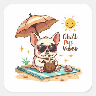 Chill Pup Vibes Kawaii Bulldog Beach Square Sticker