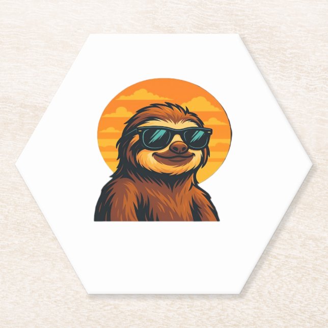 Chill Sloth with Sunglasses - Retro Sunset Vibes C Paper Coaster (Front)
