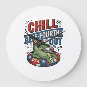 Chill The Fourth Out Funny Alligator Summer Shirt  Large Clock