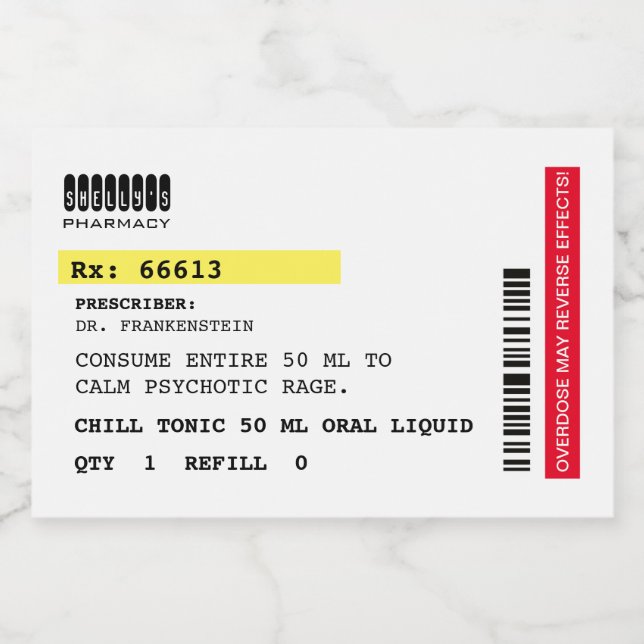 Chill Tonic Fake Prescription  Liquor Bottle Label (Single Label)
