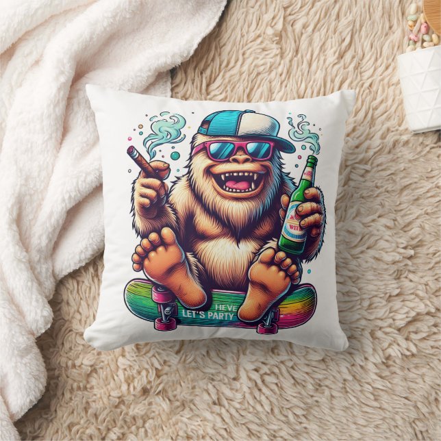 Chill yeti enjoying a skateboarding party vibe throw pillow (Blanket)