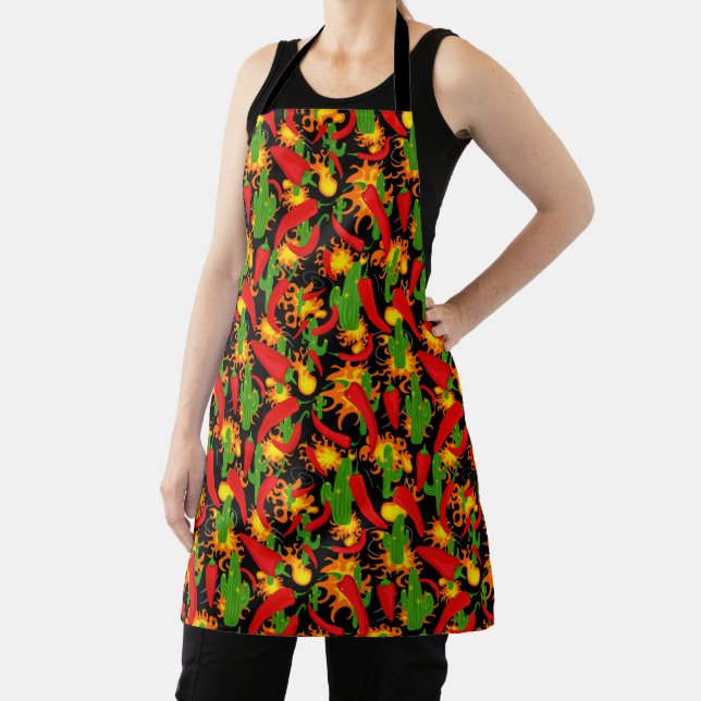 Chilli Pepper Cactus and Fire Spicy Food Pattern Apron (Insitu)