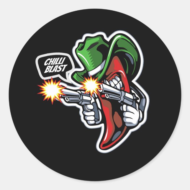 chilli-pepper-mascot-with-gun-hand-illustration-pr classic round sticker (Front)