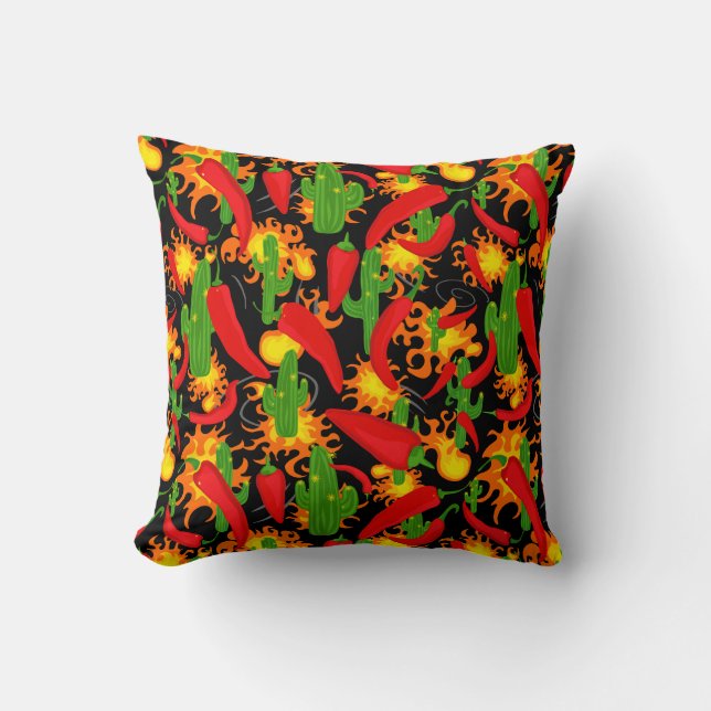 Chilli Peppers, Cactus and Flames Fun Throw Pillow (Front)