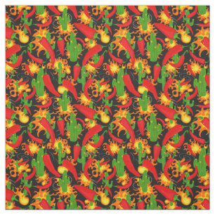 Chilli Peppers, Cactus and Flames Pattern Fabric
