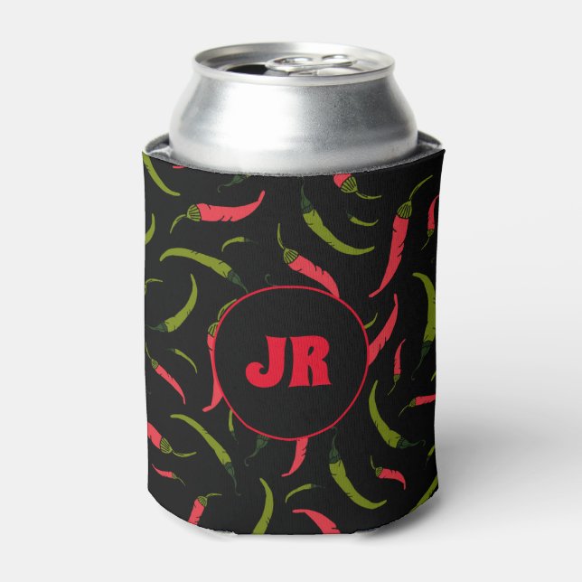 Chilli Peppers Pattern Foody Monogram Black Can Cooler (Can Front)