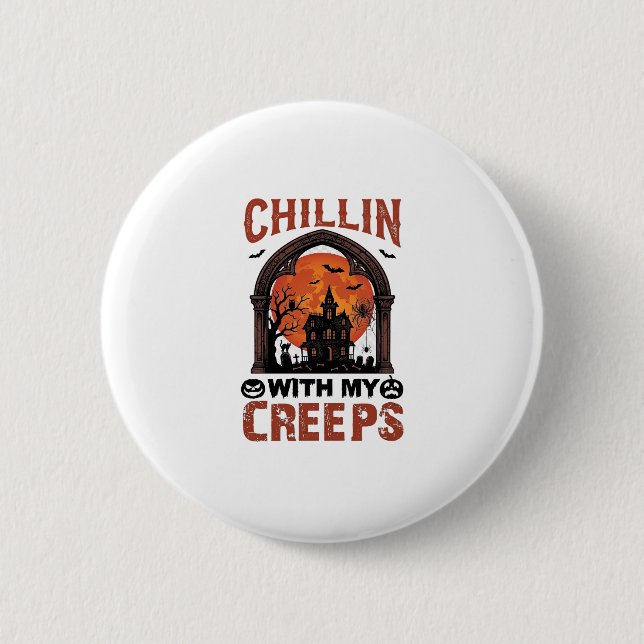 Chillin Creeps Halloween Haunted House Orange Moon 2 Inch Round Button (Front)