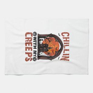 Chillin Creeps Halloween Haunted House Orange Moon Kitchen Towel